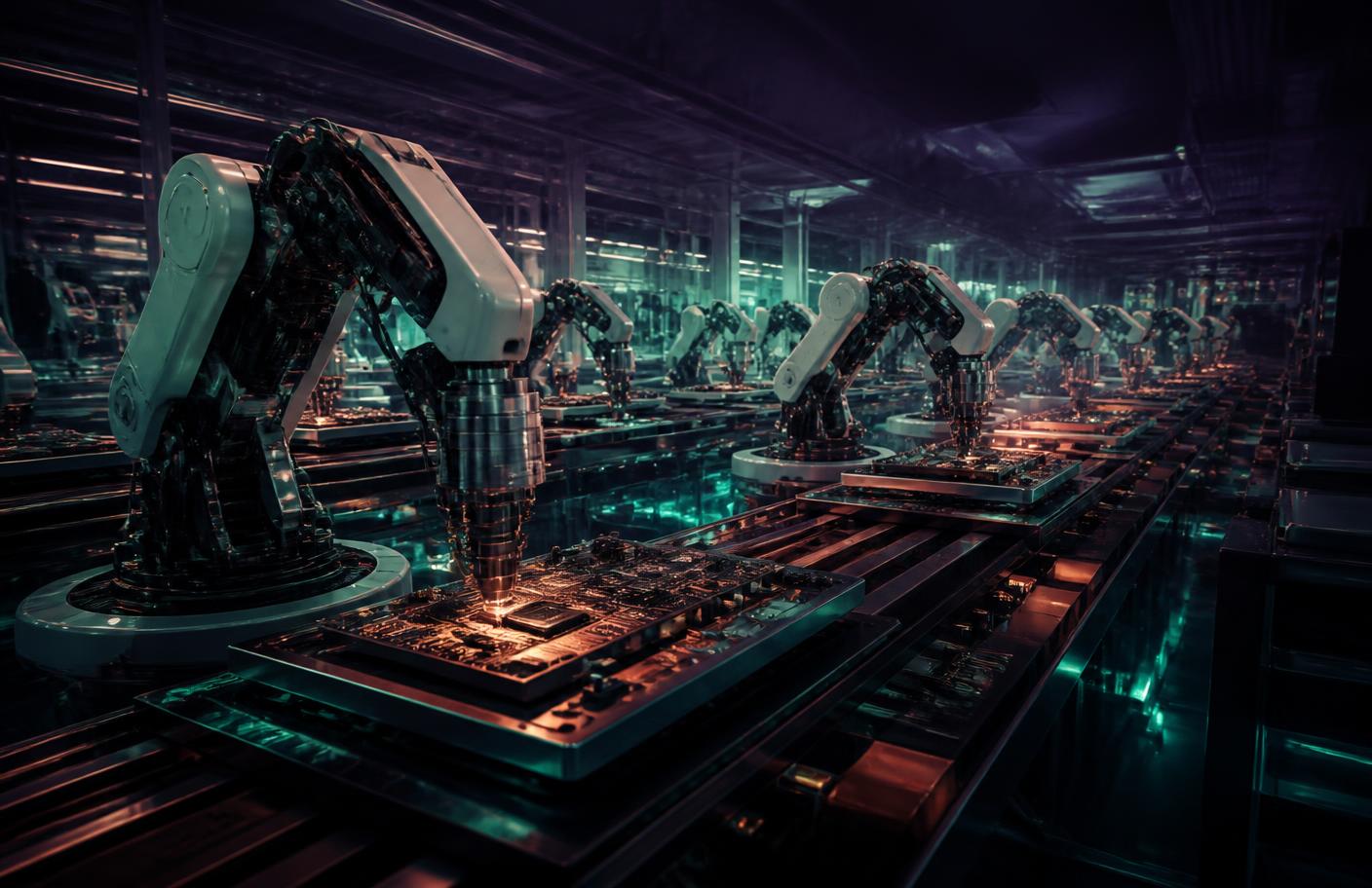 Robotic arms assembling circuit boards inside the Aevum Labs engineering floor